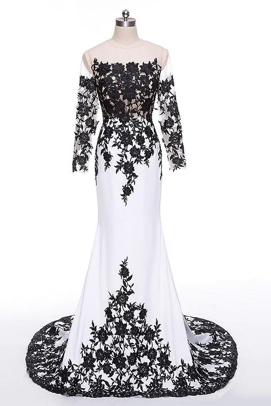 Elegant White Black Lace Appliques Mermaid Long Sleeves Satin Prom Dresses WK516