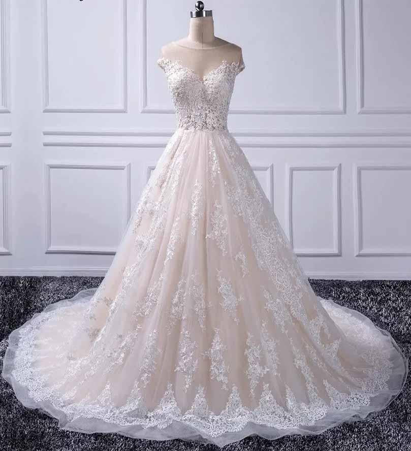 Unique A Line Lace Appliques Cap Sleeves Ivory V Neck Beads Wedding Dresses WK839