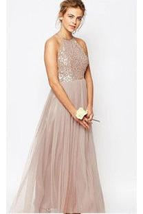 Gorgeous Glittering Top Tulle Halter Romantic Short Long Sleeveless Bridesmaid Dress WK352