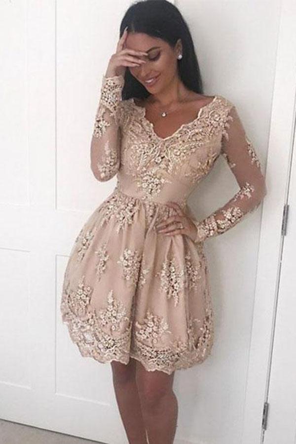 A Line V neck Lace Short Prom Dress Long Sleeve Satin Appliques Homecoming Dresses WK694