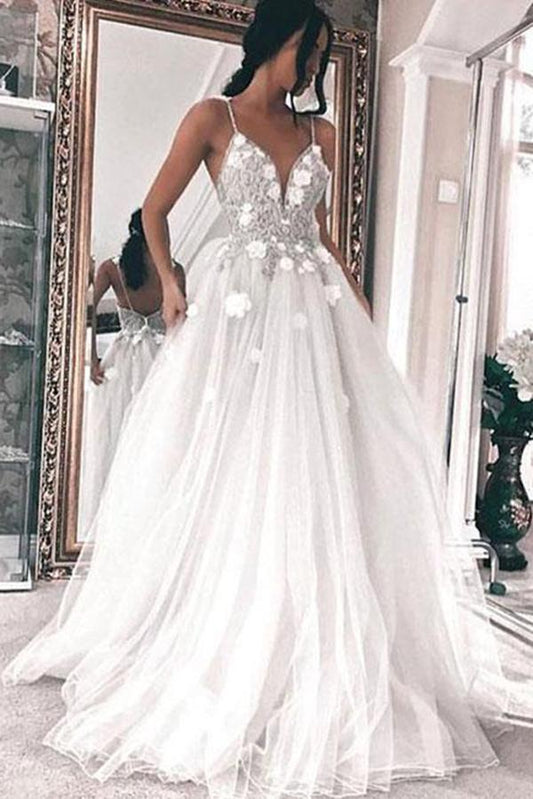 A Line V Neck Tulle Long Ivory Spaghetti Straps Lace Appliques Cheap Prom Dresses WK809