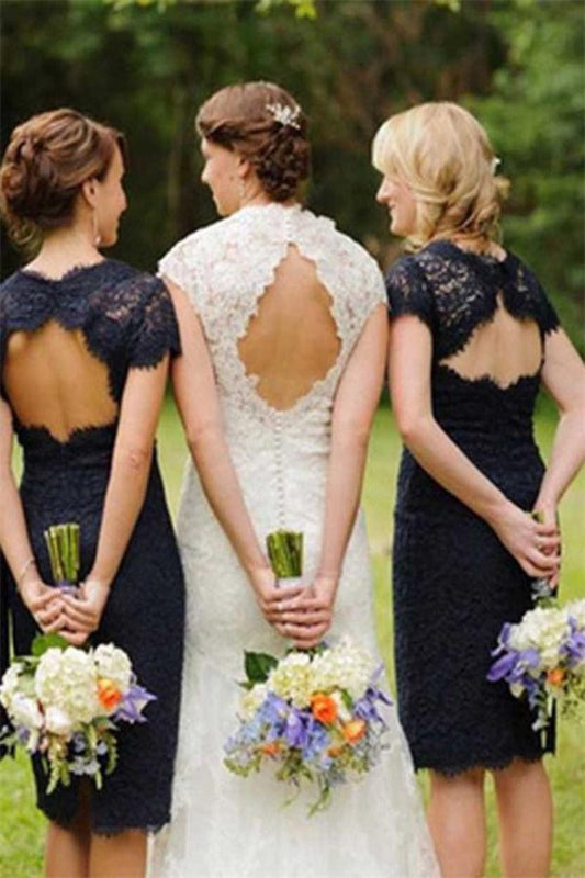 Sheath Navy Blue Open Back Lace Bridesmaid Dresses Wedding Party Dresses