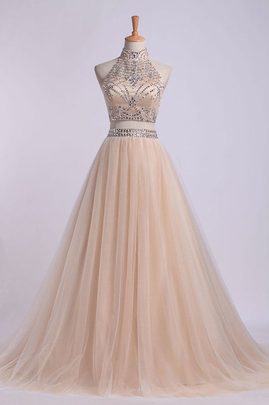 Two-Piece High Neck Prom Dresses A Line Tulle With Beading