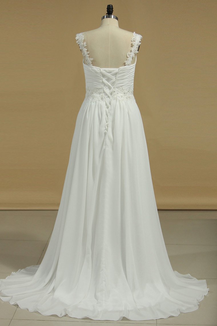 Chiffon Straps A Line Wedding Dresses With Applique And Beads Lace Up