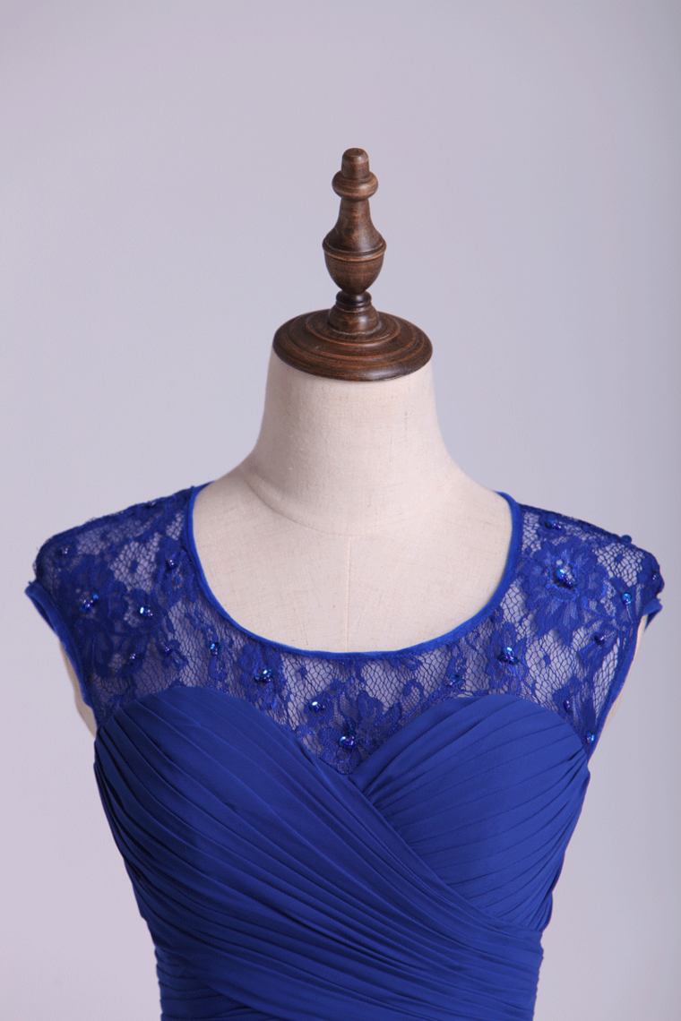 Homecoming Dresses Dark Royal Blue A Line Short Square Neckline Open Back Lace & Chiffon