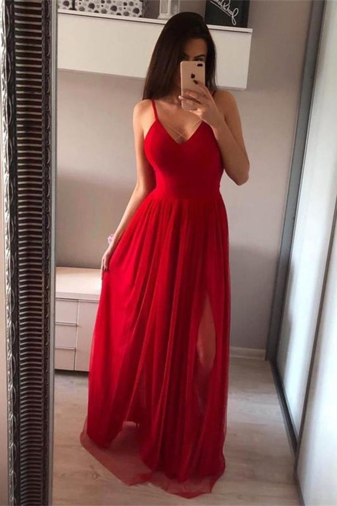 Spaghetti Straps Long Red Front Split Open Back Simple Cheap Prom Dresses