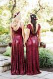 Sparkly Long Burgudny Sequin Shiny Wedding Party Dresses Bridesmaid Dresses
