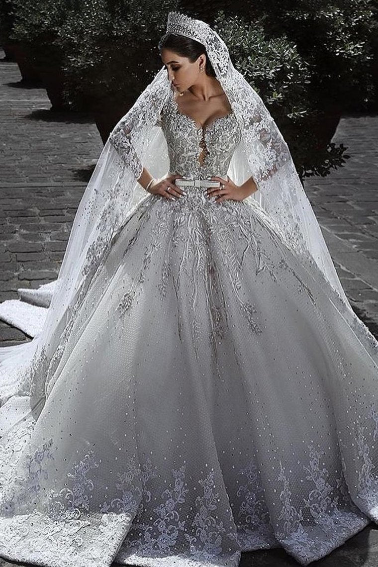 Long Sleeves A Line Wedding Dresses Tulle With Applique And Sash