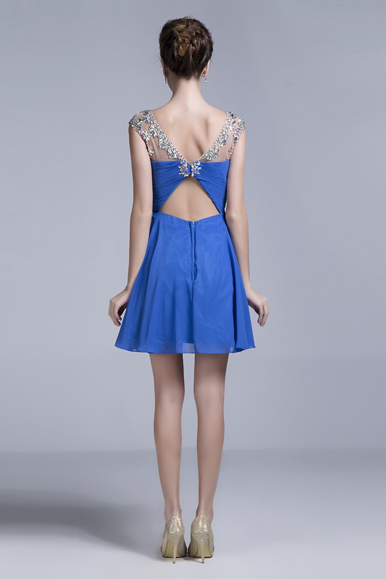 Homecoming Dresses Short/Mini Rulffled&Beaded Chiffon Dark Royal Blue