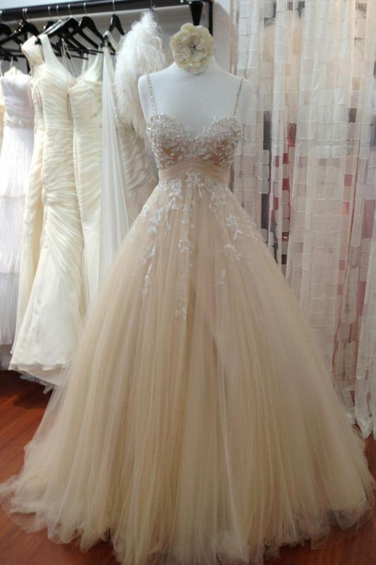 Ivory tulle lace sequins A-line dress with straps wedding dresses