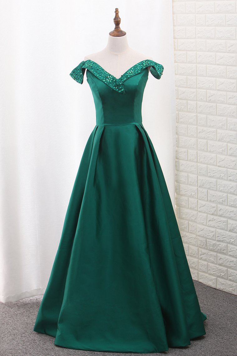 Satin Prom Dresses A Line Off The Shoulder With Beading New Arrival