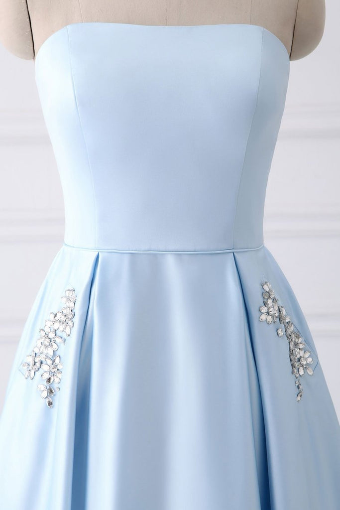 Charming Strapless Light Blue Lace Up Open Back Long Prom Dresses With Pockets