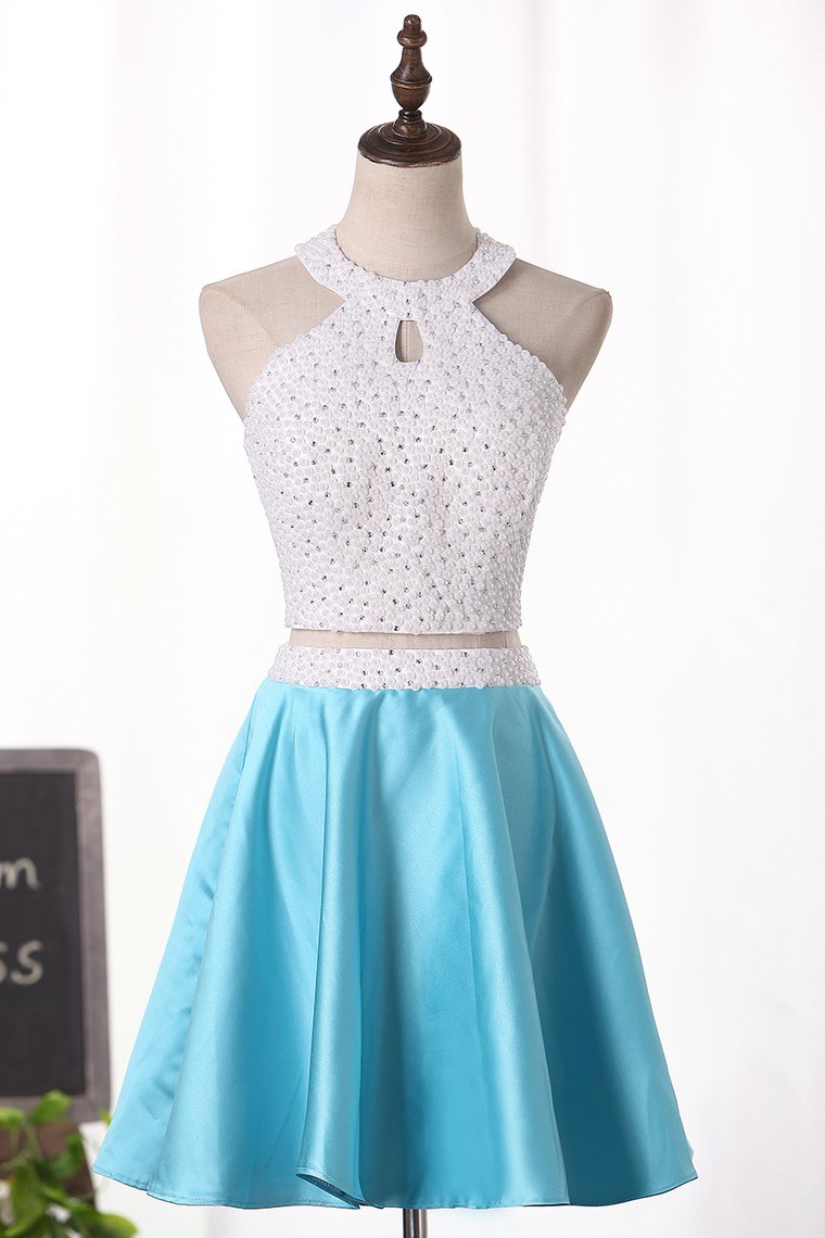 Two-Piece Homecoming Dresses Halter A Line Short/Mini Satin With Beads