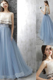 Elegant Long 2 Pieces Lace Sky Blue Prom Gowns Prom Dresses