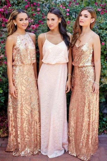 Cheap Pink Lace Sparkly Sequin Gold Mismatched Bridesmaid Dresses, Long Prom Dresses SWK15129