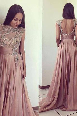 2024 Scoop Beads Long Cheap Open Back Chiffon Pink A-Line Sleeveless Prom Dresses WK777