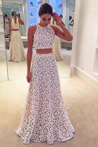 White lace round-neck two pieces A-line long evening dresses formal dresses from Cute dress WK185