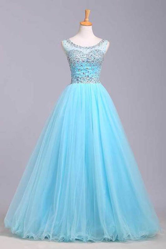 Bateau Beaded Bodice A Line/Princess Prom Dress With Tulle Skirt Open Back