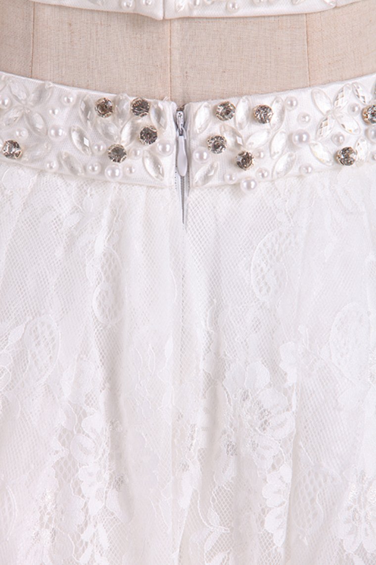 White Homecoming Dresses Scoop Lace Two Pieces