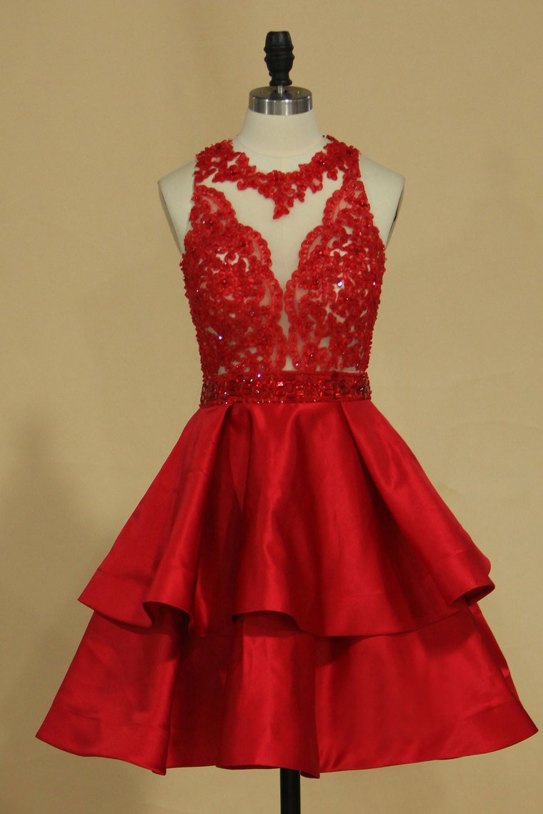 New Arrival Scoop Satin With Applique And Beads A Line Homecoming Dresses