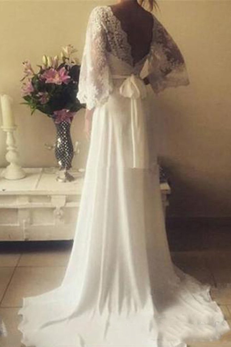 Chiffon 3/4 Length Sleeves Wedding Dresses V Neck Open Back With Applique