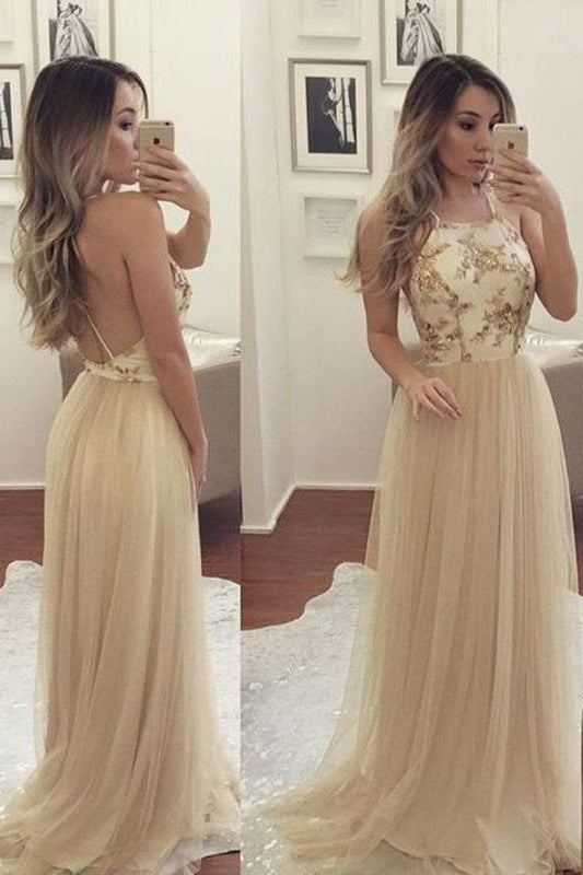 Cheap Price Elegant A Line Prom Dresses Halter Open Back Tulle Sweep Train