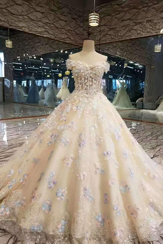 New Arrival Floral Colorful Off The Shoulder Wedding Dresses With Handmade Flowers Lace Up Low Price