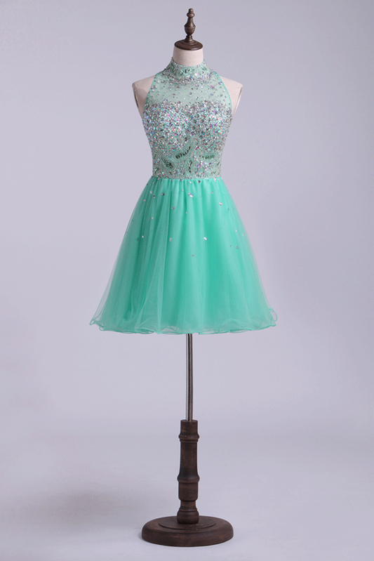 High Neck Homecoming Dresses A-Line Short Beaded Bodice Tulle