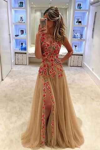 Unique Champagne Tulle Applique Long with Slit Sleeveless Floor Length Prom Dresses WK773