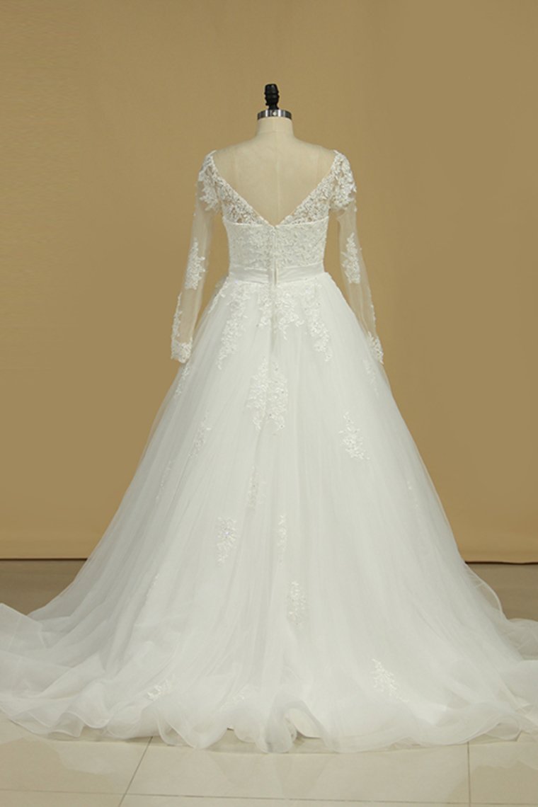 Long Sleeves V Neck Tulle With Applique A Line Wedding Dresses