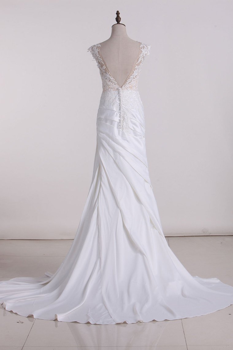 Deep V Back Scoop Stretch Satin With Applique And Ruffles Wedding Dresses