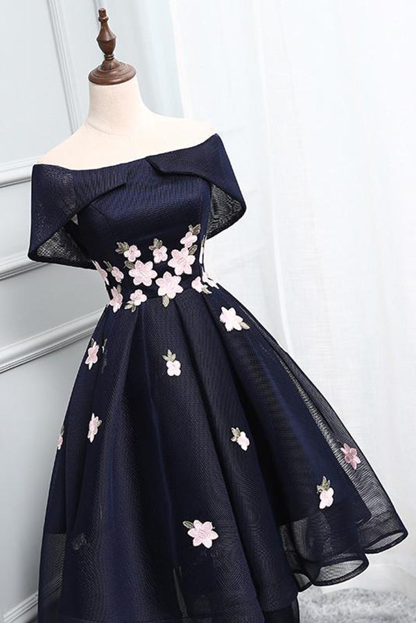 Unique A-Line High Low Off The Shoulder Lace Up Navy Blue Elegant Prom Dresses With Appliques