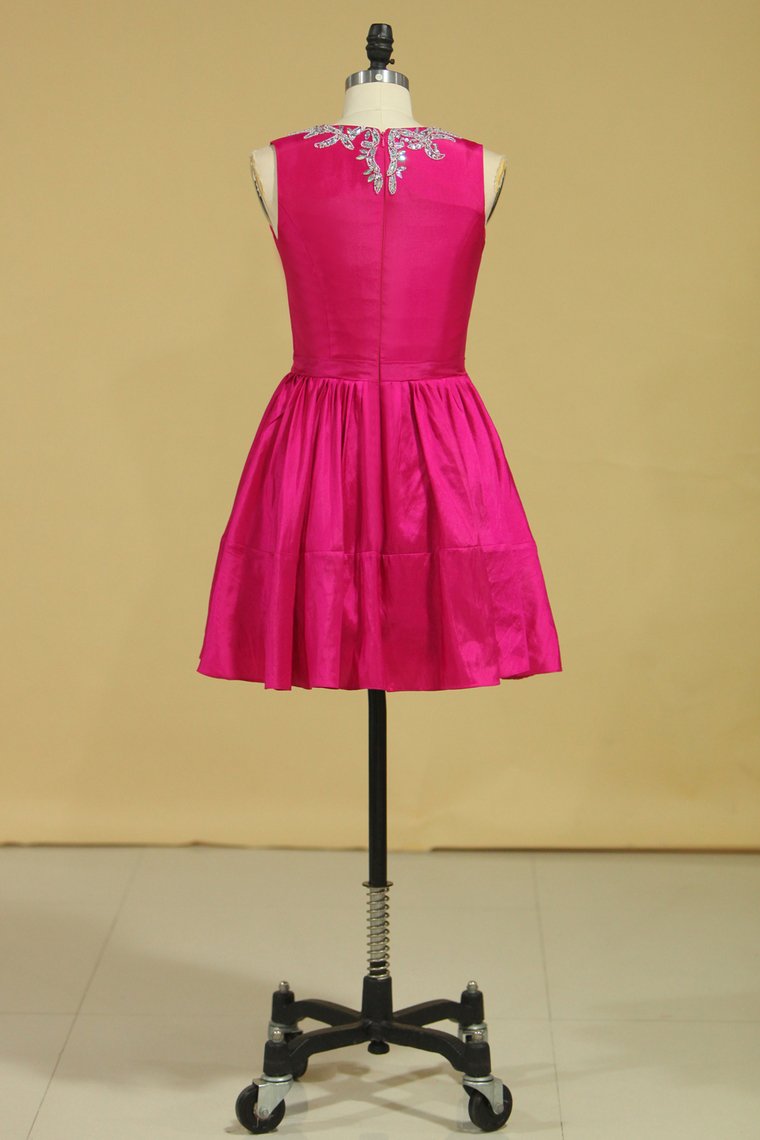 Scoop A Line Short Homecoming Dresses Taffeta Beaded With Ribbon Fuchsia