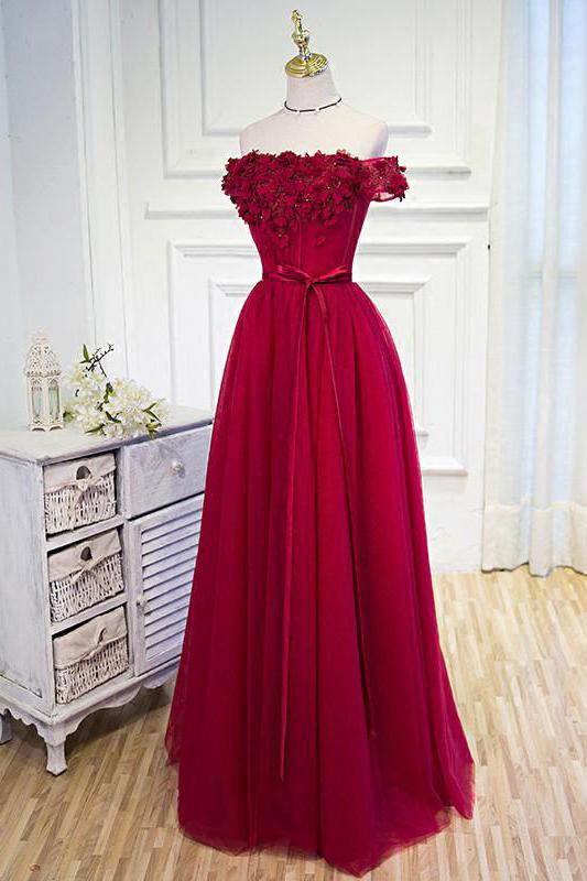 A-line Tulle Burgundy Short Sleeve Off-the-Shoulder Scoop Hand-Made Flower Prom Dresses WK776