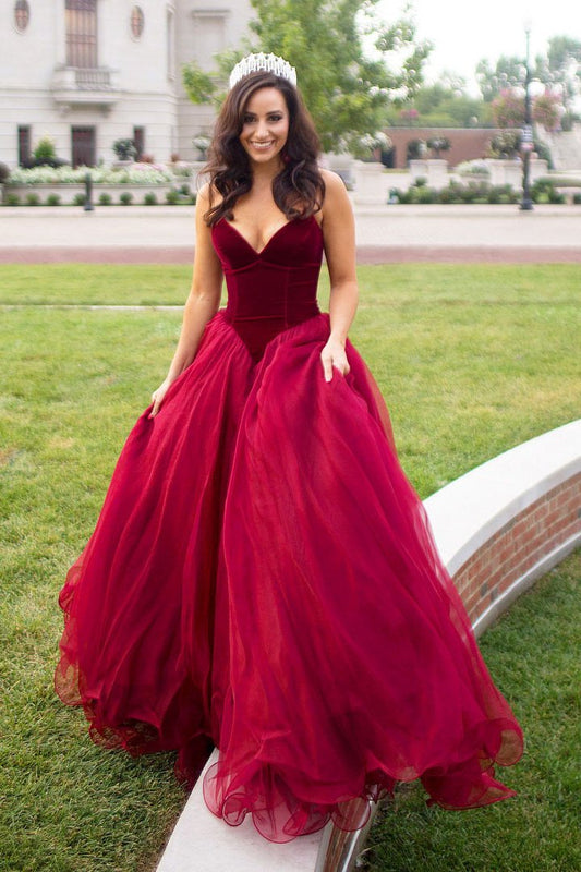 Strapless A-line Long V-Neck Tulle Burgundy Sleeveless Floor-Length Prom Dresses WK269