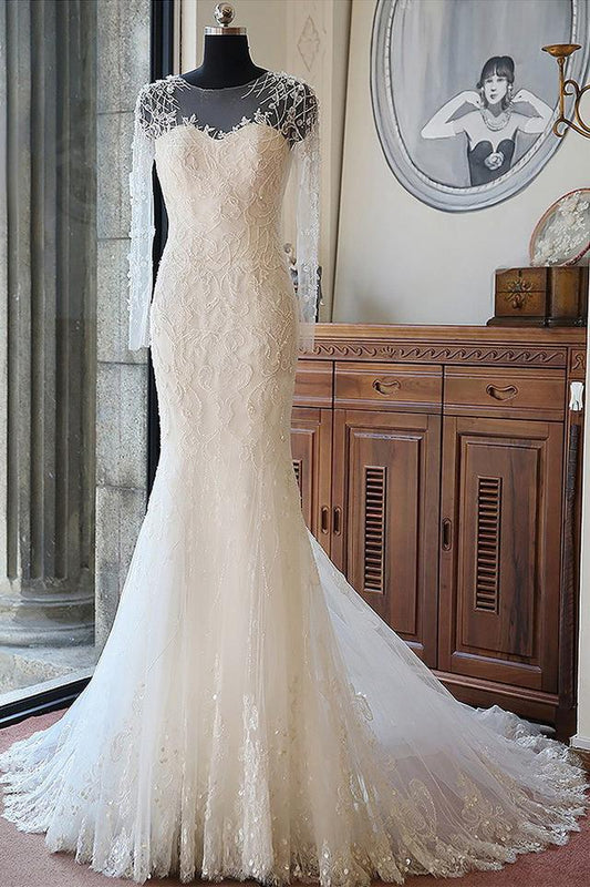 Elegant Mermaid Scoop Neck Tulle Beads Lace Appliques Chapel Train Long Sleeve Wedding Dress WK739