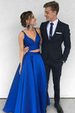 A Line Two Pieces Spaghetti Straps Simple Long Cheap V Neck Blue Sleeveless Prom Dress WK637