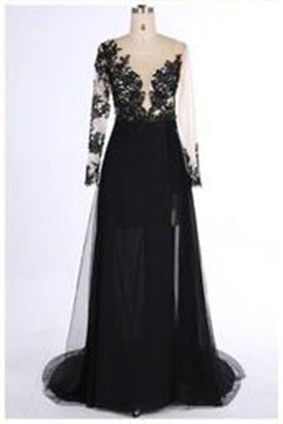 New Style Black Long Sleeves Lace Deep V Neck Thigh-High Slit Sexy Lace Evening Gowns WK111