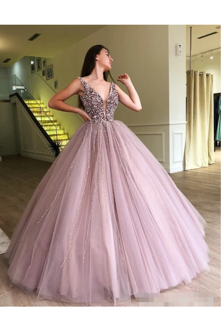 Beaded Tulle Deep Illusion V Neck Ball Gown Prom Dress Floor Length