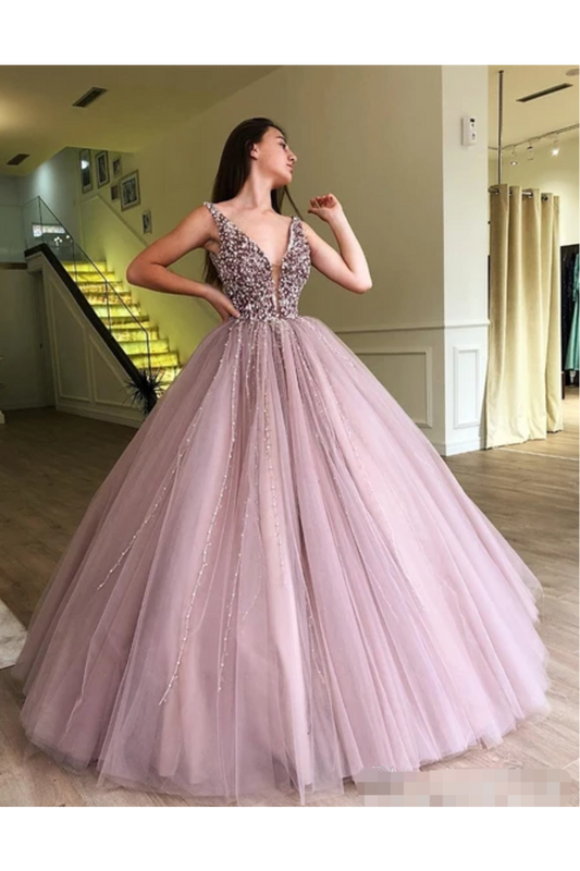 Beaded Tulle Deep Illusion V Neck Ball Gown Prom Dress Floor Length