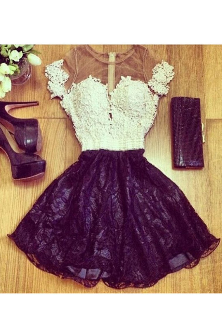 A Line Scoop Short Sleeves Lace Homecoming Dresses With Applique