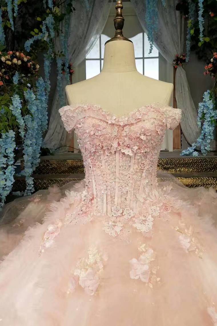 Fantastic Pink Wedding Dresses Lace Up With Beads And Handmade Flowers Ball Gown