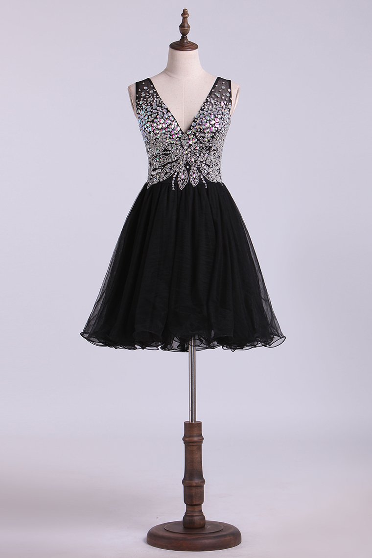 V-Neck Homecoming Dresses A-Line Short Beaded Bodice Tulle