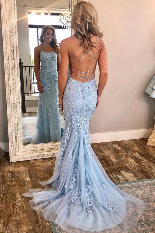 Elegant Spaghetti Straps Sky Blue Mermaid Backless Scoop Pageant Prom Dresses WK93