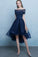 Dark Blue Lace Tulle Short Sleeve High Low Round Neck A-Line Short Prom Dresses WK408