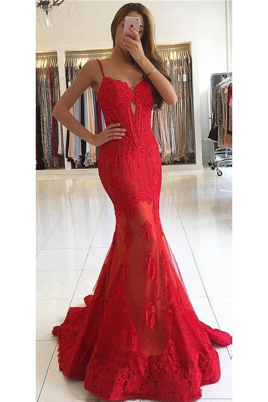 Charming Sexy Long Red Lace Cheap Mermaid Spaghetti Straps Sweetheart Prom Dresses WK321