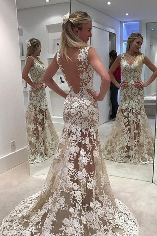 Elegant Lace Sheer Ivory V-Neck Appliques Sleeveless Mermaid Backless Wedding Dresses WK307