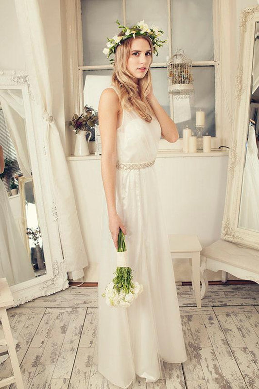 A-Line Ivory Lace Sleeveless V-Neck Vintage V-Back Tulle Floor Length Cheap Wedding Dresses WK279
