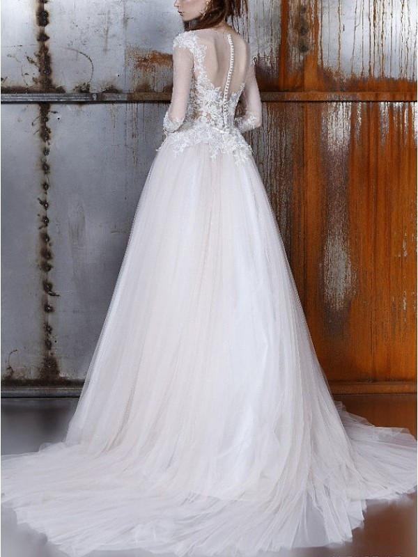 Long A-Line Long Sleeve Tulle Lace Plus Size Princess Elegant Wedding Dress WK32