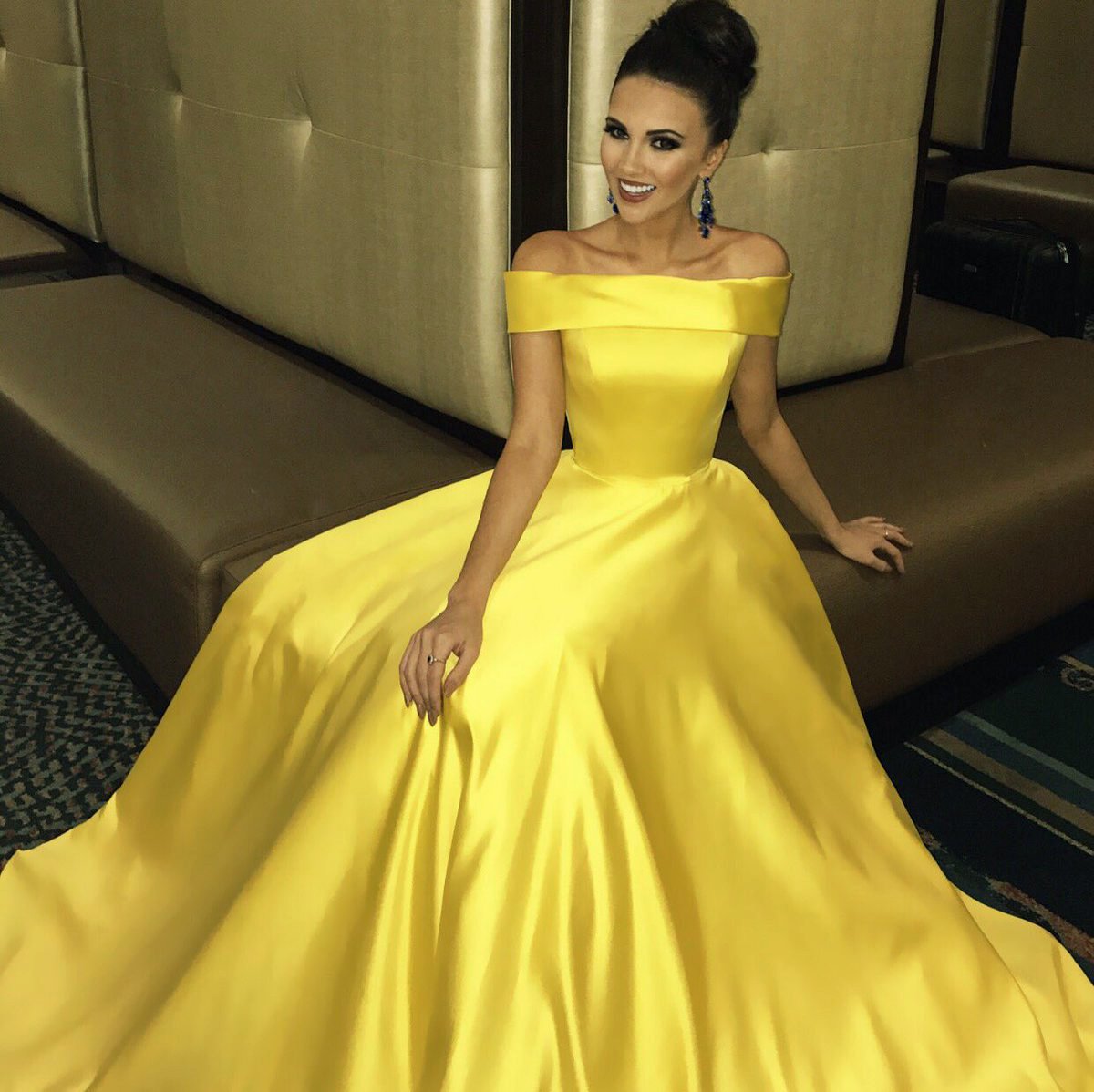 Elegant Yellow Off The Shoulder Satin A Line Princess with Pockets Prom Dresses WK477